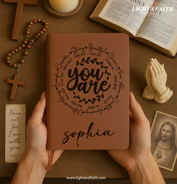 Personalized Christian Journal with “You Are” Scripture Affirmations, Custom Name Prayer & Faith Notebook, Religious Gift, First Communion Gifts, Birthday. NBLAF46